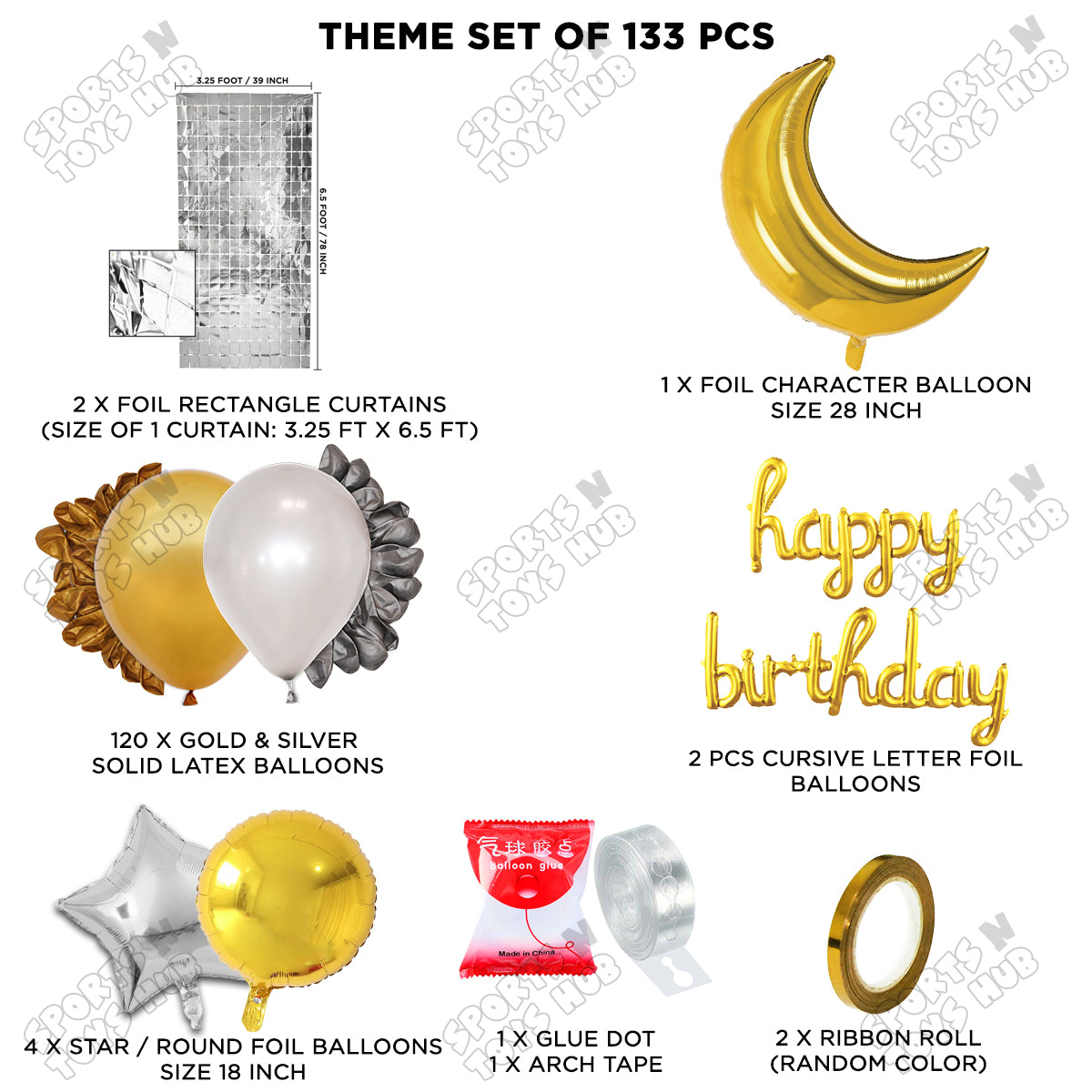 Crescent Moon Gold Color Foil Balloon Set With Happy Birthday Cursive Foil Letter Balloon Arch Theme