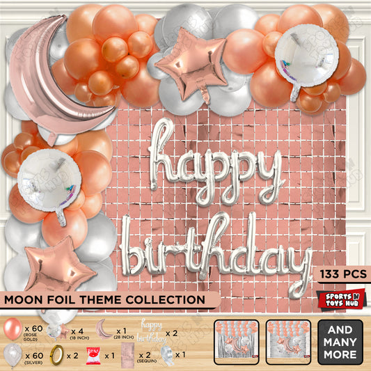 Crescent Moon Rosegold Color Foil Balloon Set With Happy Birthday Cursive Foil Letter Balloon Arch Theme
