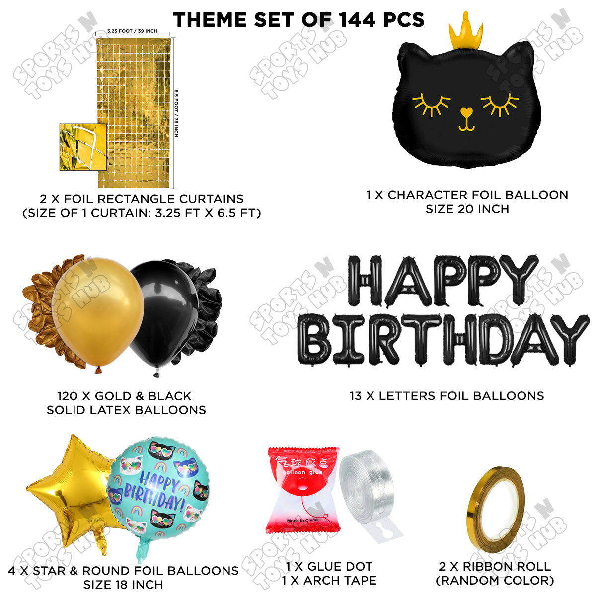 Cartoon Crown Black Kitten Cat Foil Balloon Set With Happy Birthday Foil Letter Arch Theme