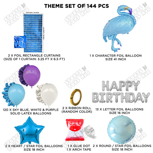 Flamingo Cartoon Character Bird Blue Color Foil Balloon Set With Happy Birthday Foil Letters Arch Theme