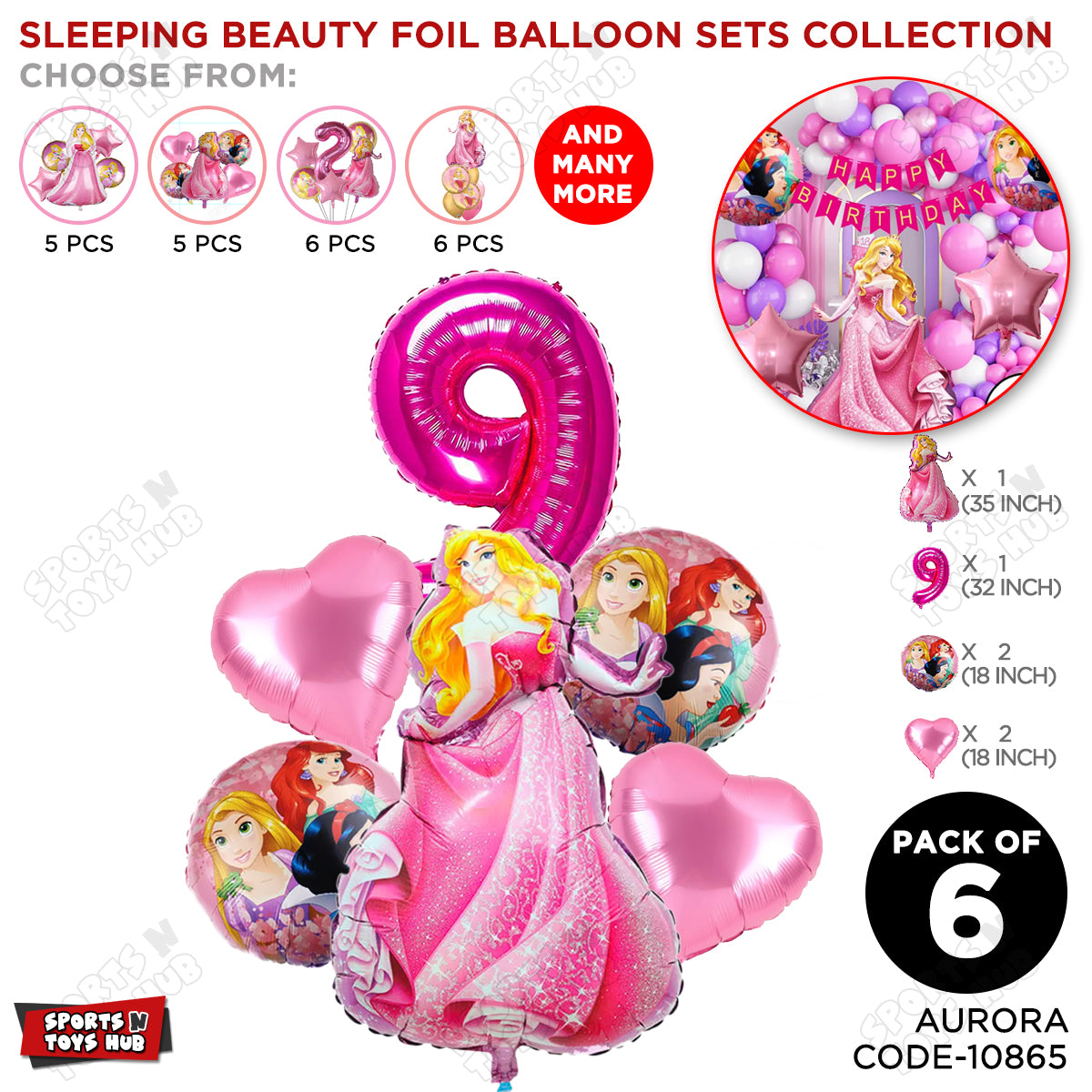Sleeping Be@uty Foil Balloon Set With Number Collection - Pack Of 6