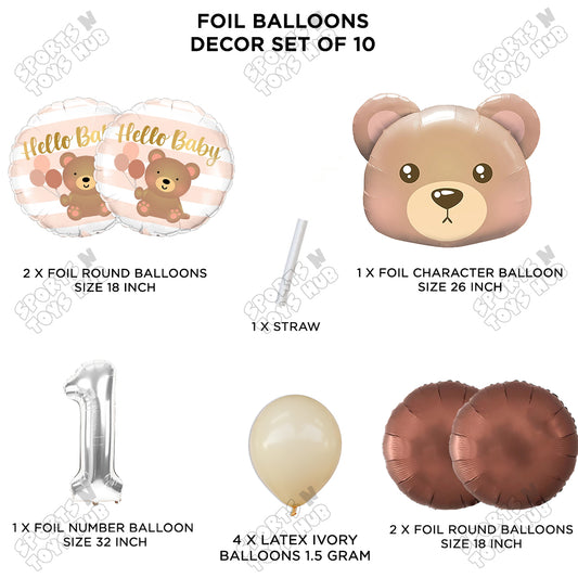 Bear Face With Hello Baby Round Foil Balloon Set - Pack Of 10