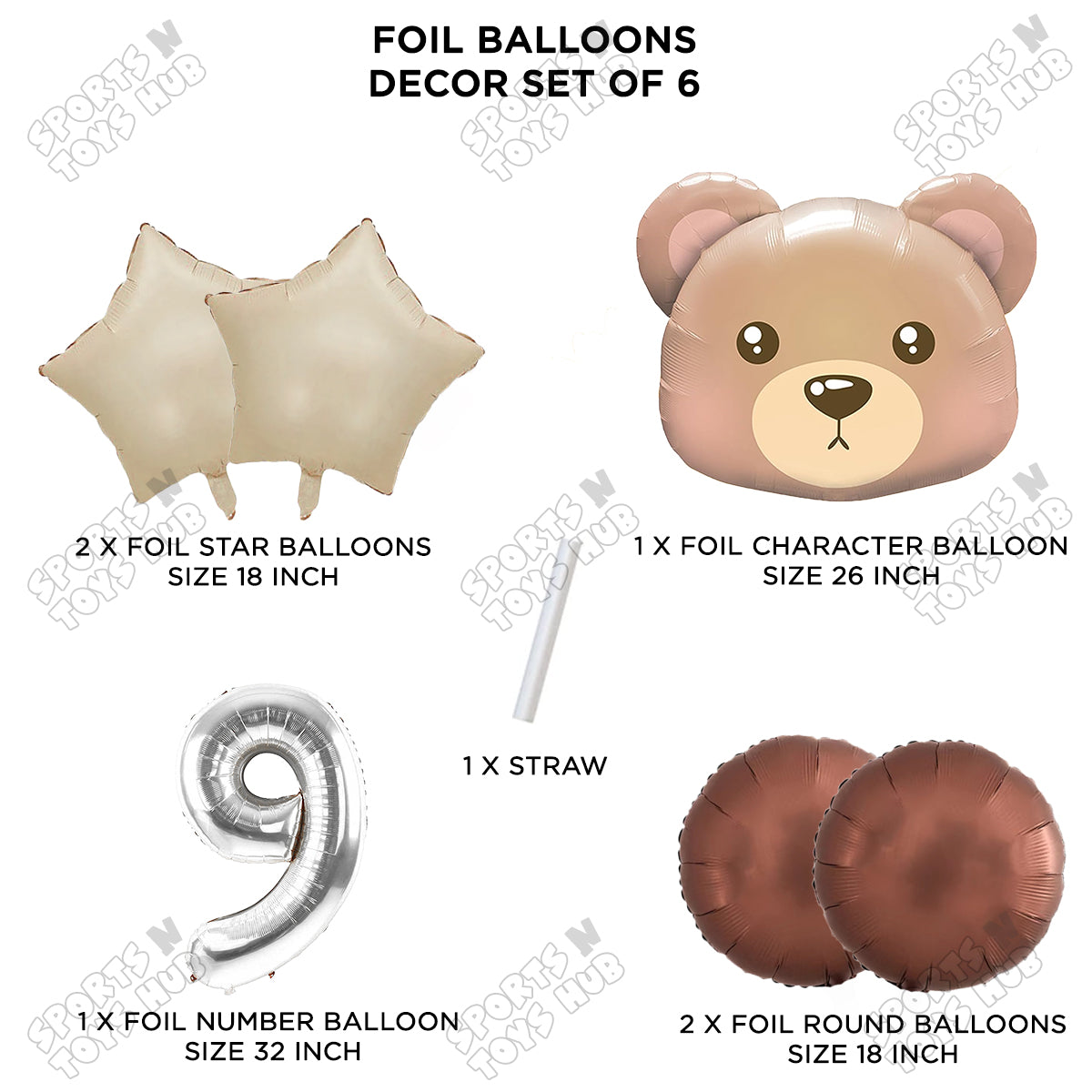 Jungle Safari Bear Face Pack Of 6 Foil Balloon Set