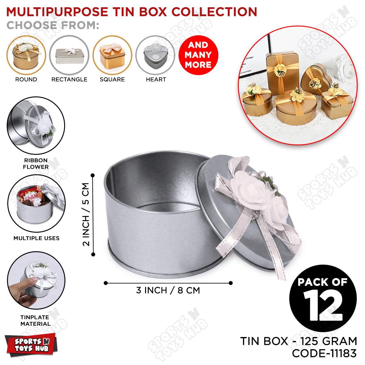 Round Shape Tin Box Wedding Bid Gift Box With Flower Ribbon Collection - Pack 12