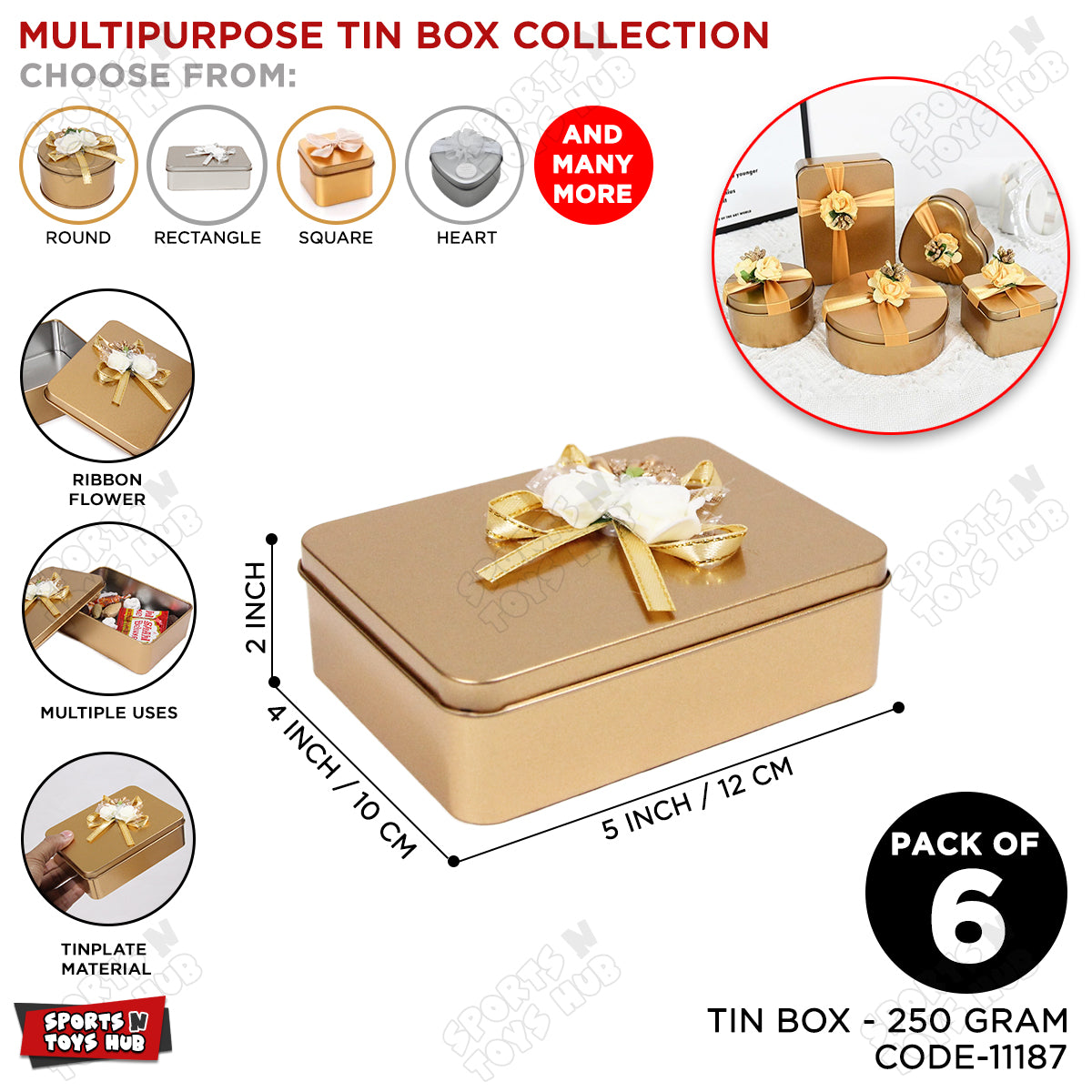 Tin Box Wedding Bid Gift Box With Flower Ribbon Collection - Pack 6