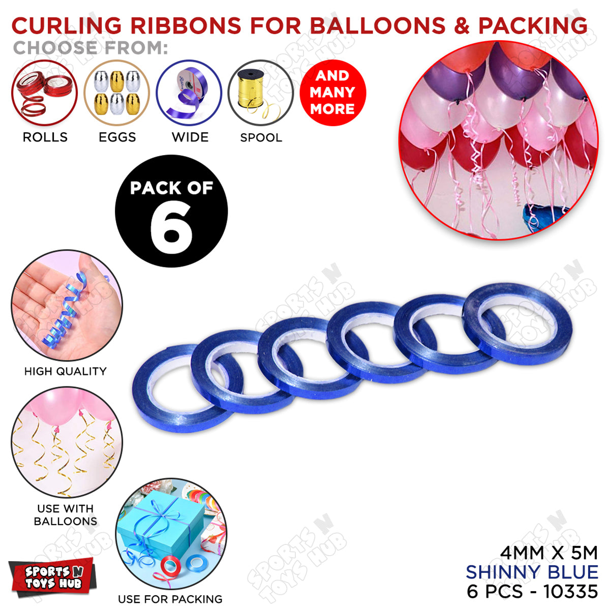 Curling Ribbon Rolls - Pack of 6 - Colorful Party Ribbons for Balloons, Gift Wrapping & Decorations