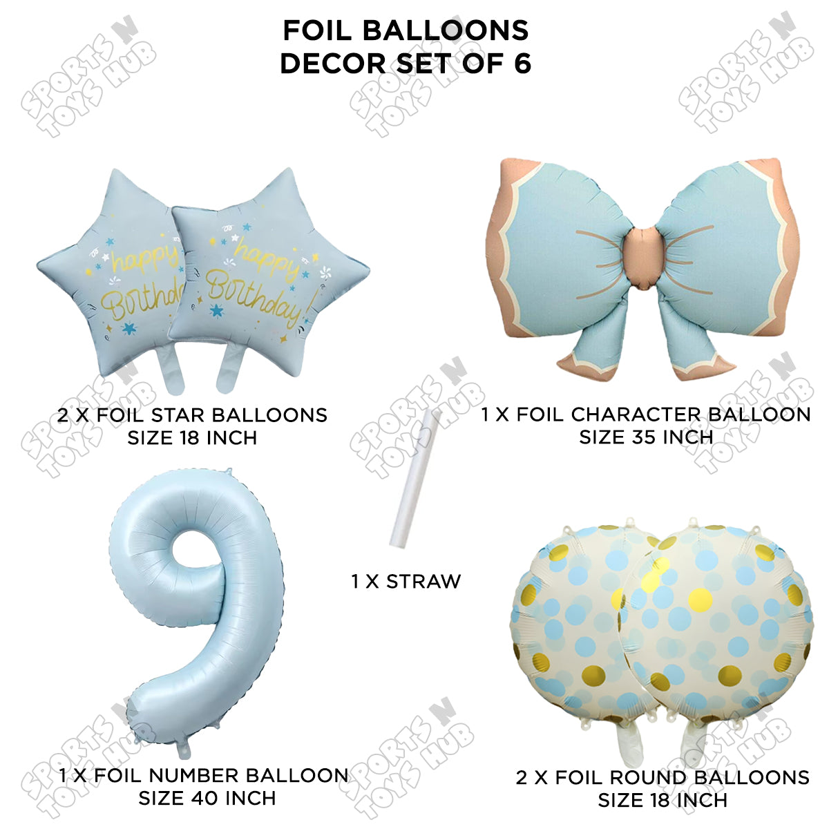 Pastel Matte Blue Color Bow Pack Of 6 Foil Balloon Set