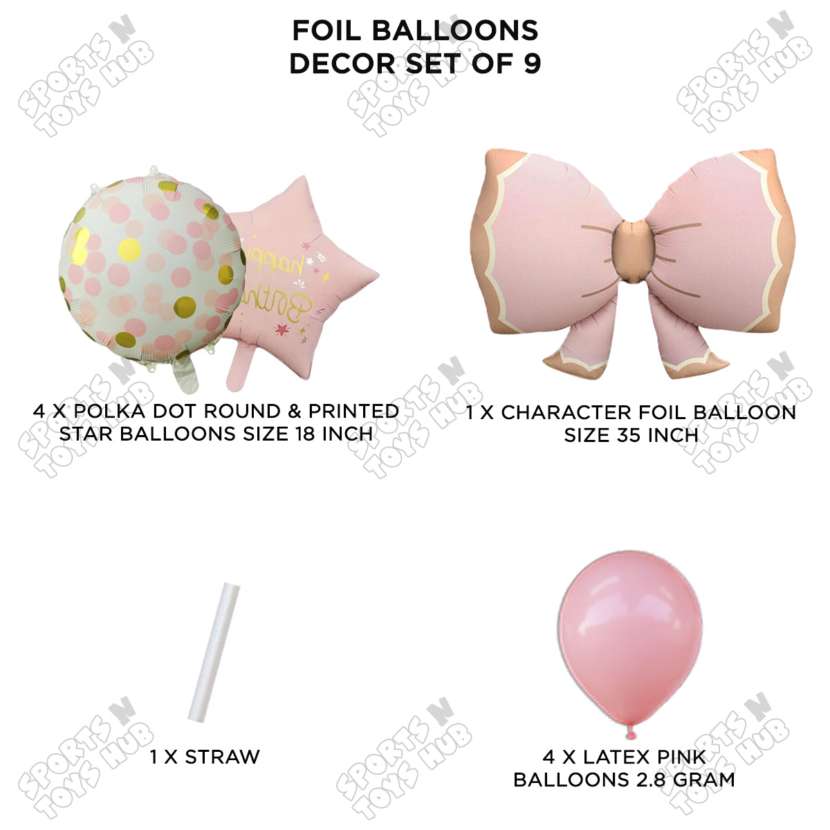 Pastel Matte Pink Bow Foil Balloons Pack of 9 – Baby Shower, Birthday Party & Baby Boy Decoration Supplies