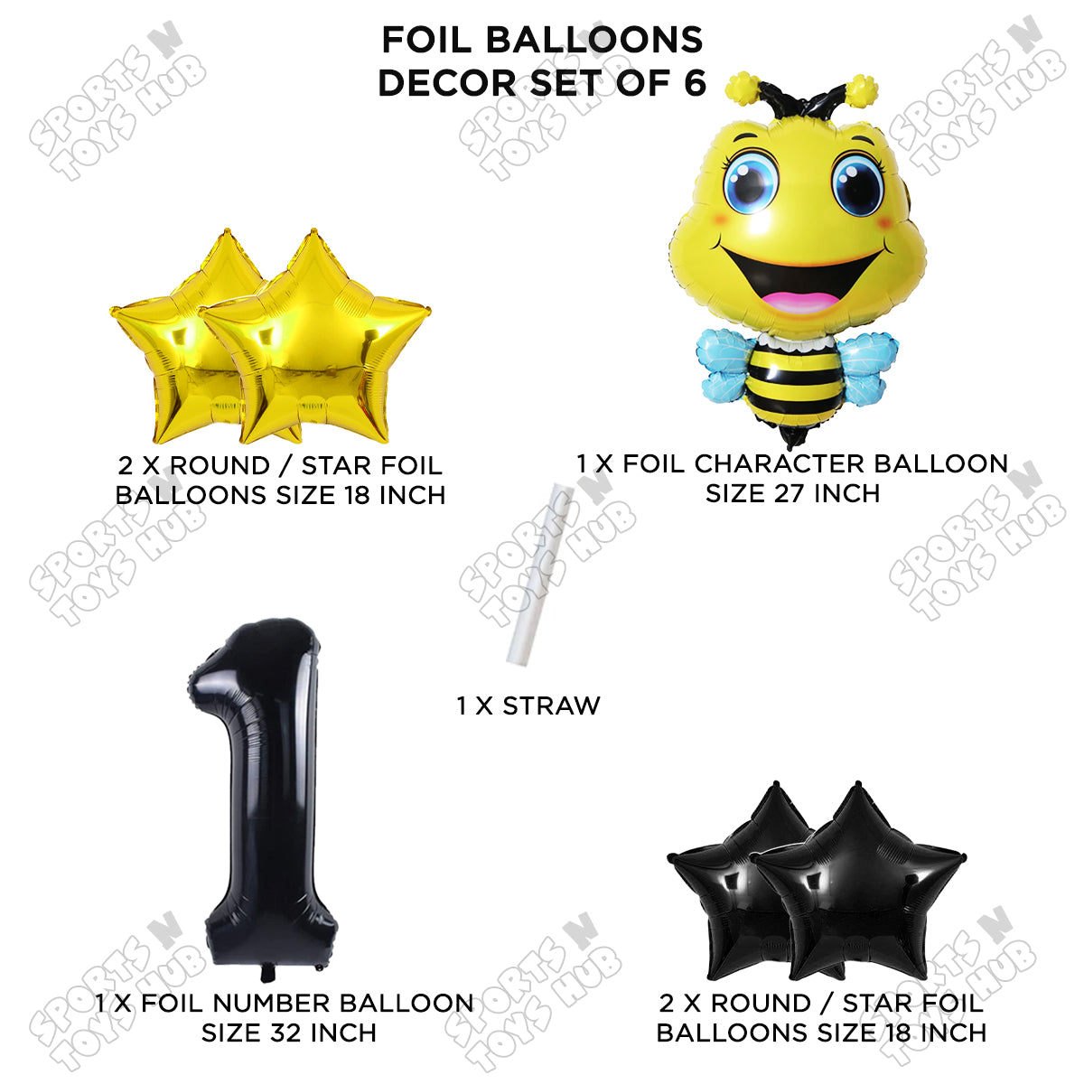 Baby Bee Foil Balloon Set With Number Collection - Pack Of 6