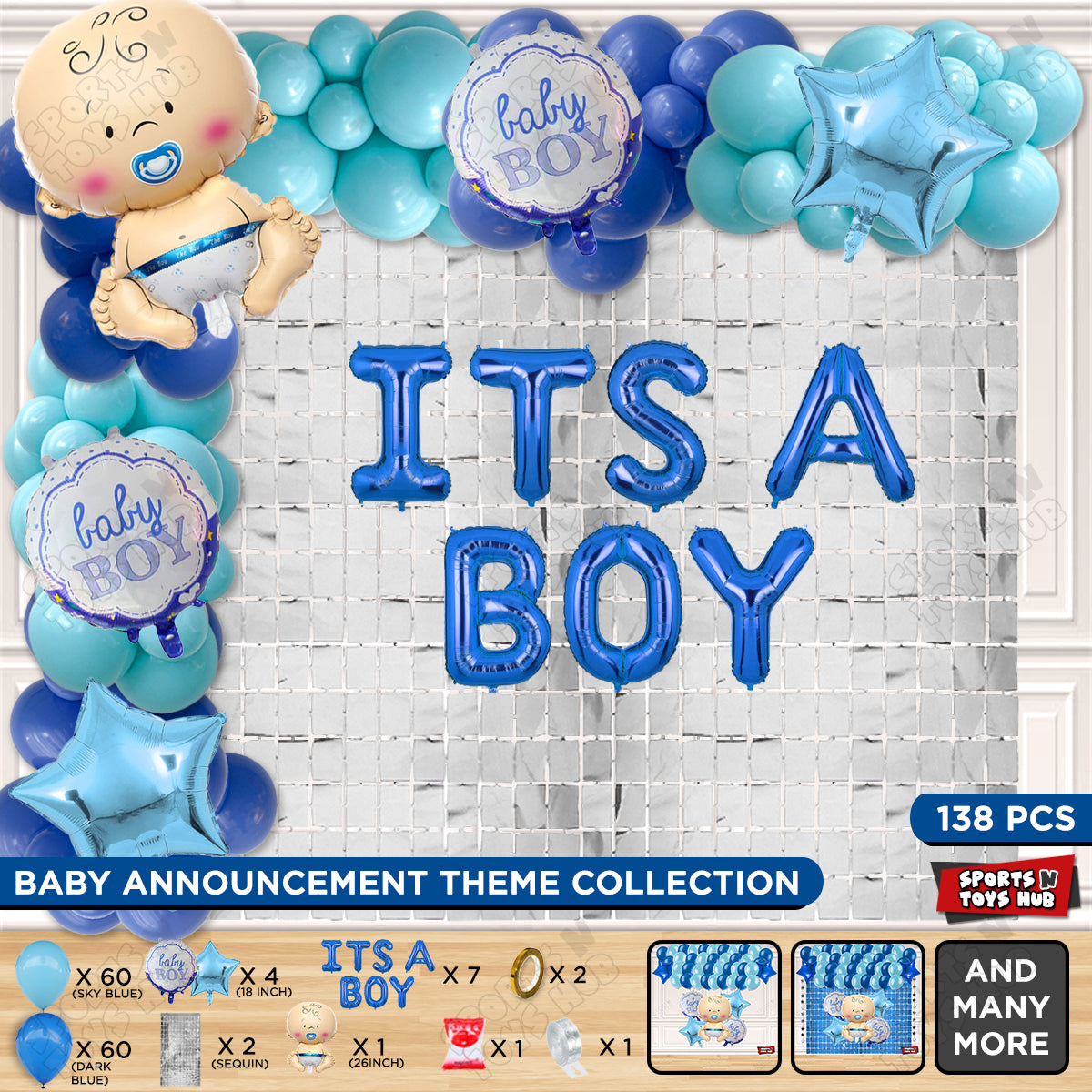 Baby Boy Foil Balloon Set With Its A Boy Foil Letter Arch Theme - Pack Of 138