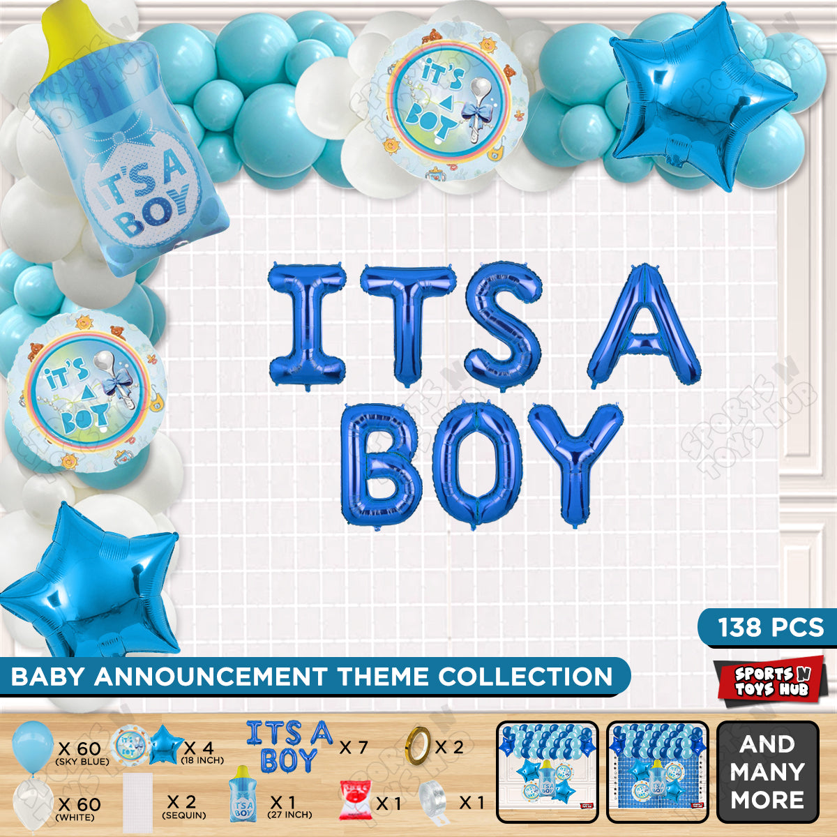 Feeder Foil Balloon With Its A Boy Foil Letter Arch Dark Blue & White Color Theme - Pack Of 138
