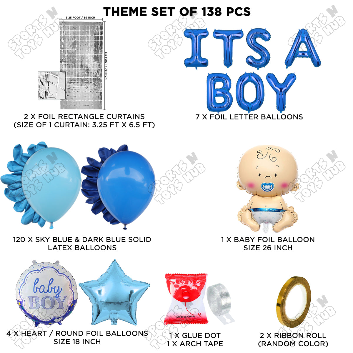 Baby Boy Foil Balloon Set With Its A Boy Foil Letter Arch Theme - Pack Of 138