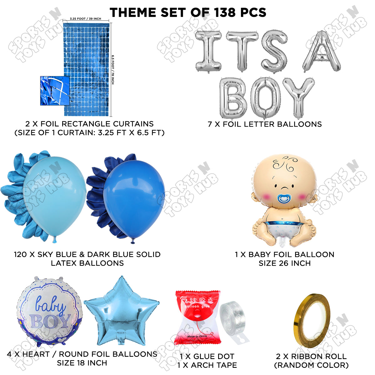 Baby Boy Foil Balloon Set With Its A Boy Foil Letter Arch Theme - Pack Of 138