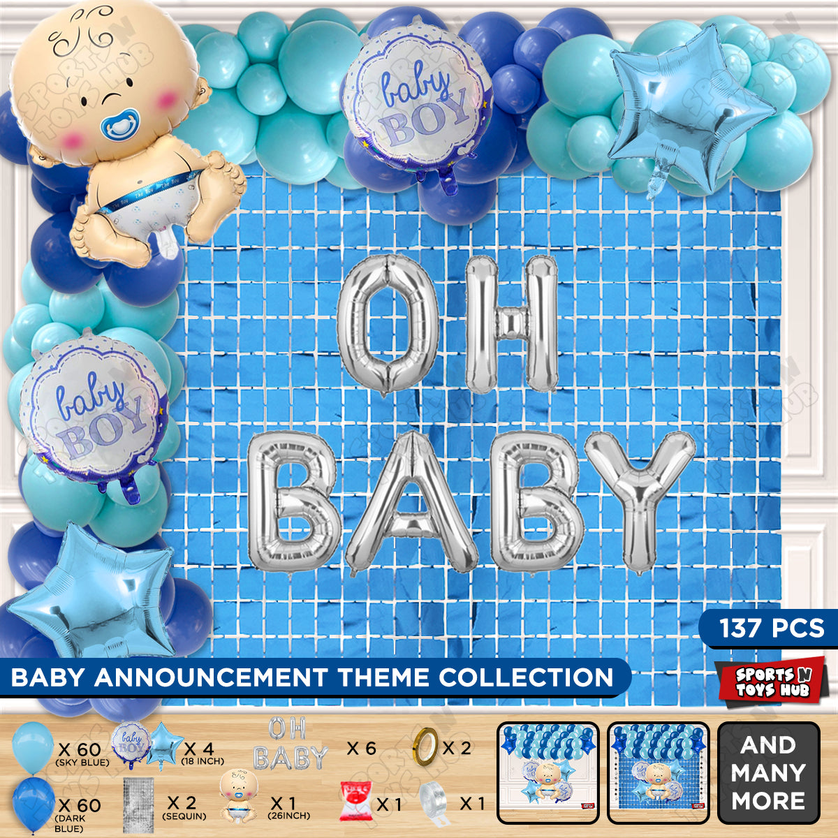 Baby Boy Foil Balloon Set With Oh Baby Foil Letter Arch Theme Pack Of 137
