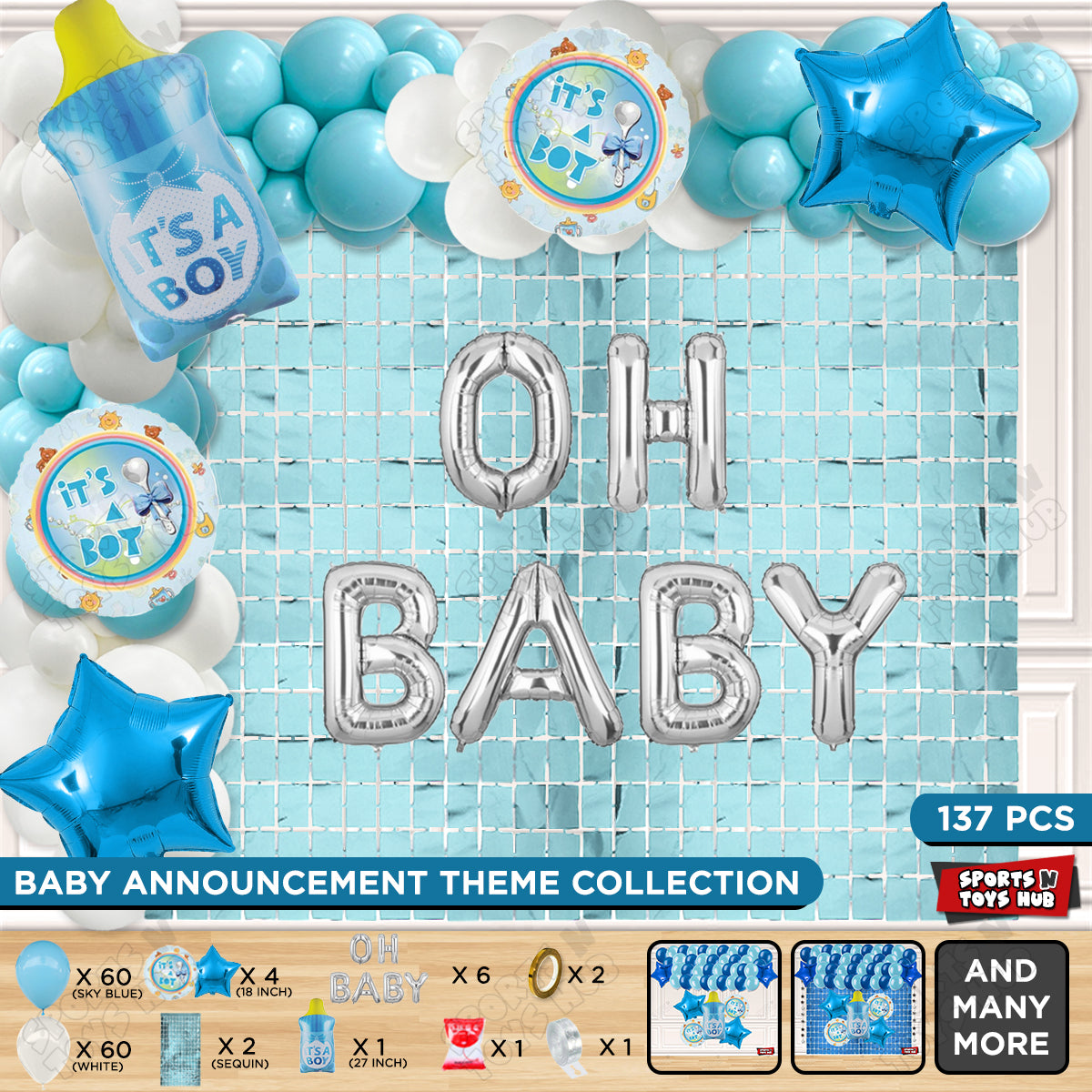Feeder Foil Balloon With Oh Baby Foil Letter White & Blue Color Arch Theme - Pack Of 137