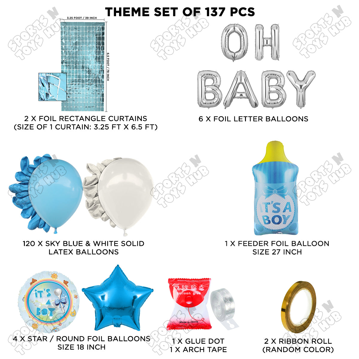 Feeder Foil Balloon With Oh Baby Foil Letter White & Blue Color Arch Theme - Pack Of 137