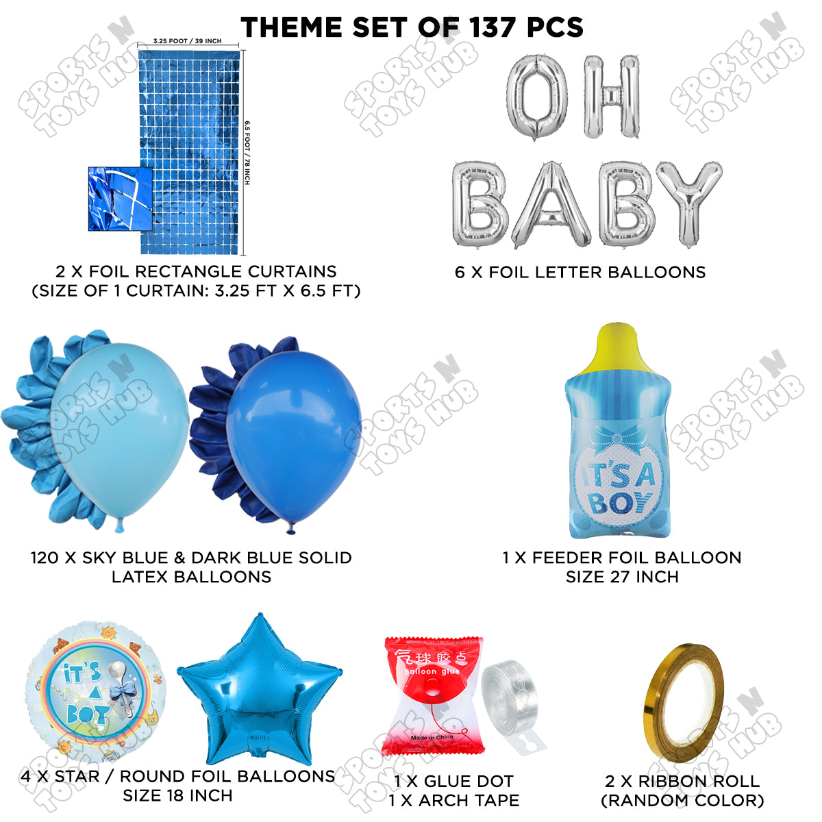 Feeder Foil Balloon With Oh Baby Foil Letter Dark Blue & Blue Color Arch Theme - Pack Of 137