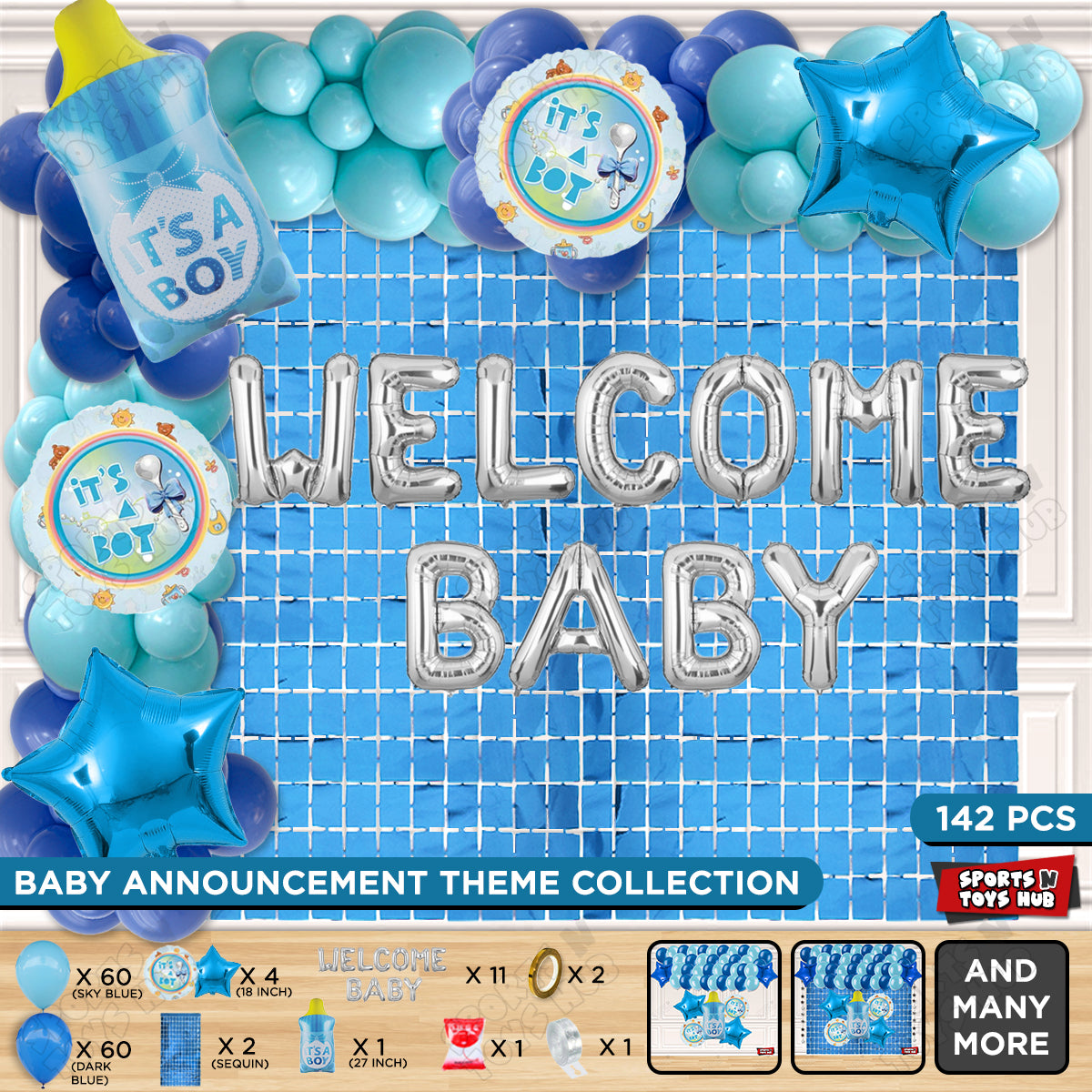 Baby Boy Feeder Foil Balloon Set With Welcome Baby Foil Letter Arch Theme - Pack Of 142