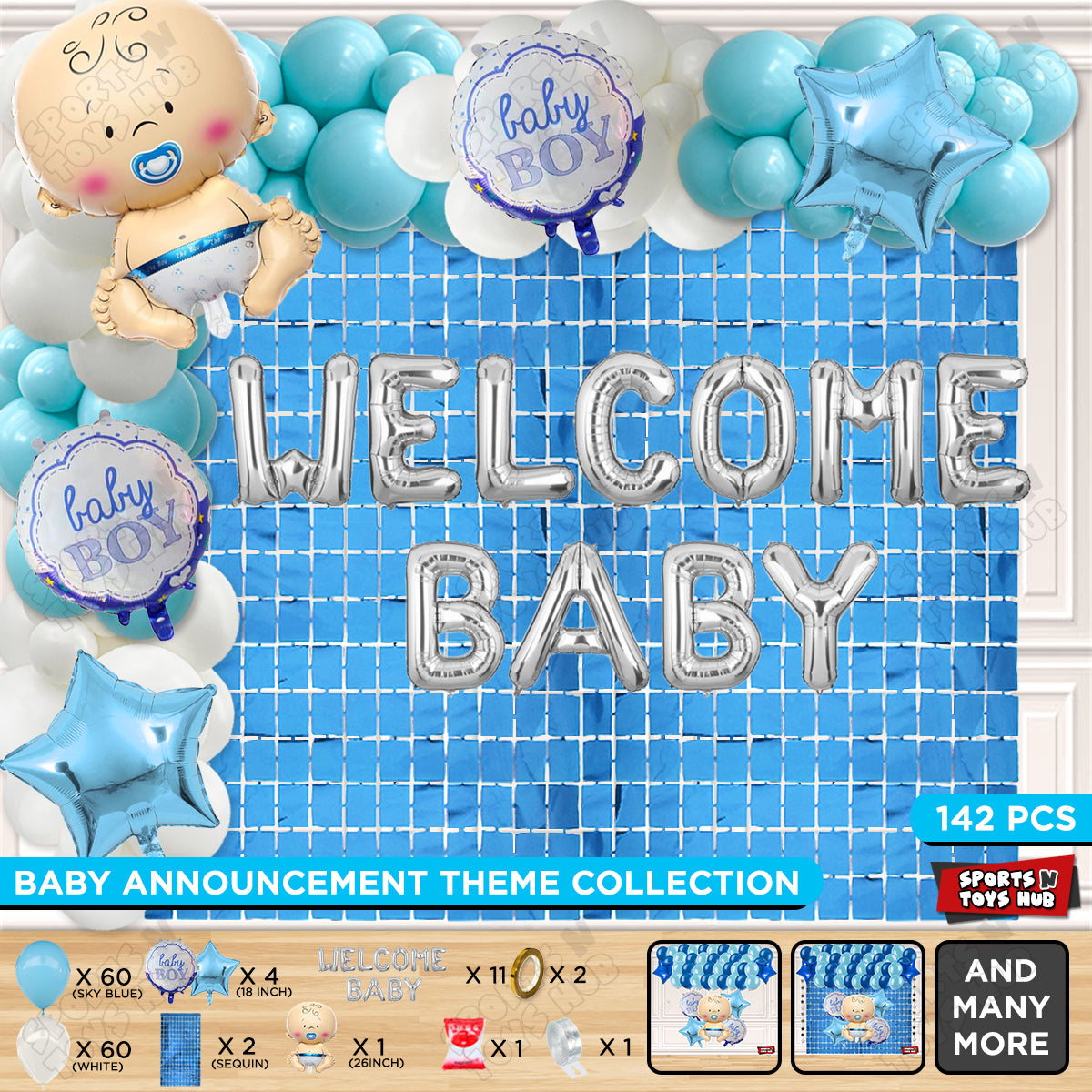 Baby Boy Foil Balloon Set With Welcome Baby Foil Letter Arch Blue & White Theme - Pack Of 142