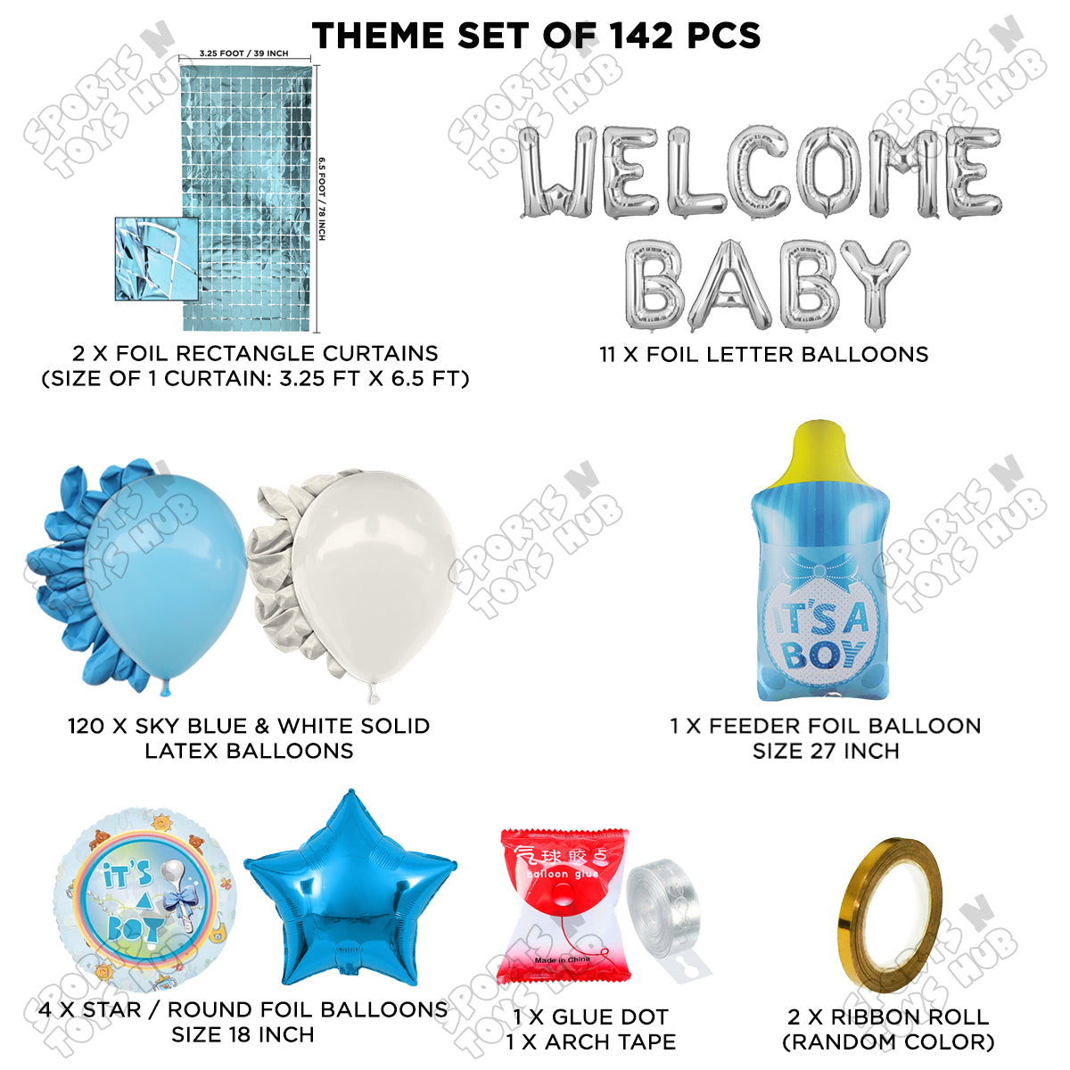Baby Boy Feeder Foil Balloon Set With Welcome Baby Foil Letter White & Blue Color Arch Theme - Pack Of 142