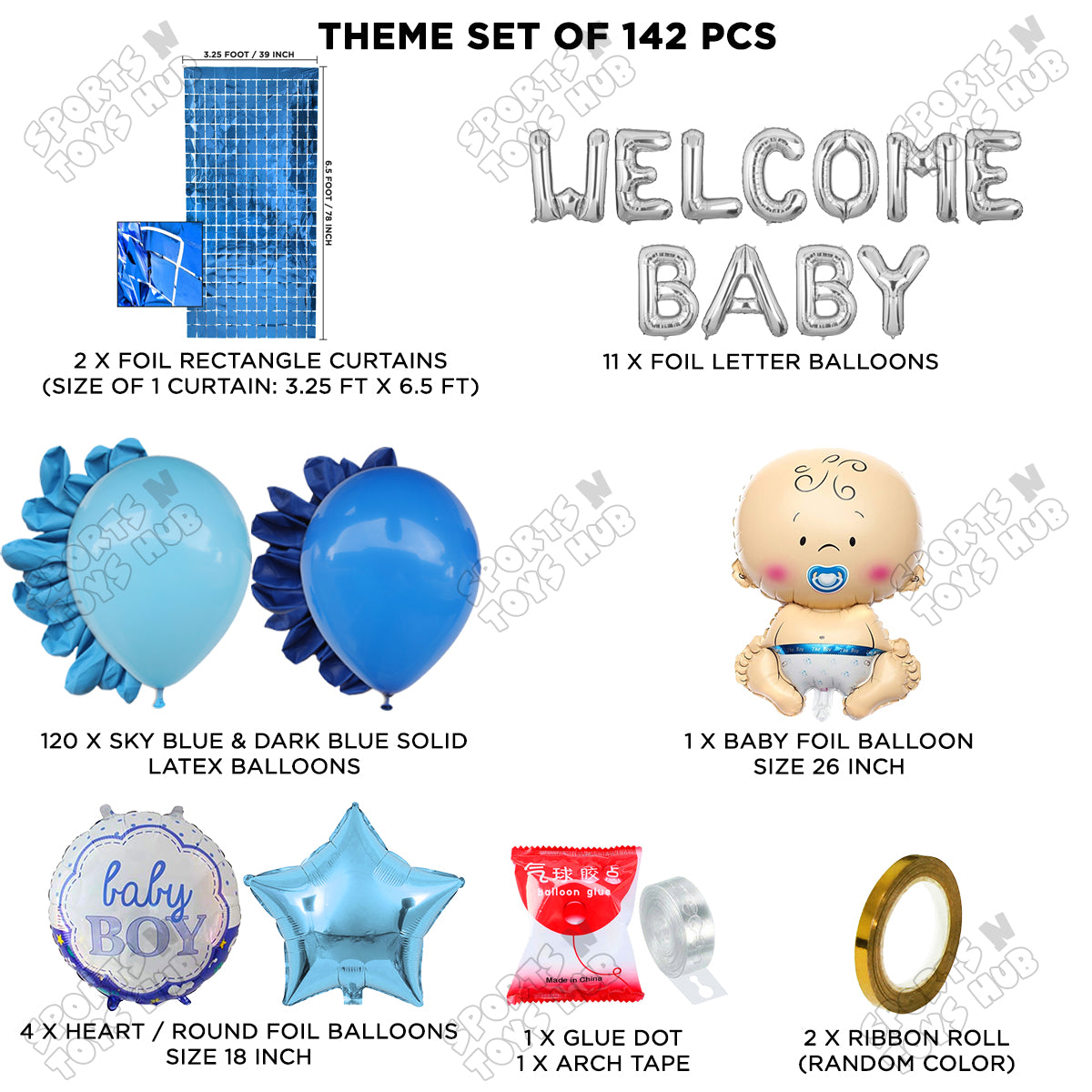 Baby Boy Foil Balloon Set With Welcome Baby Foil Letter Arch Theme - Pack Of 142