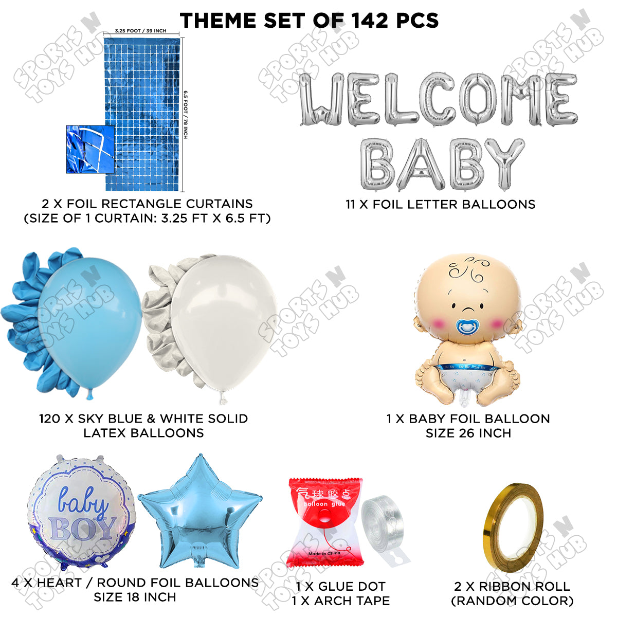 Baby Boy Foil Balloon Set With Welcome Baby Foil Letter Arch Blue & White Theme - Pack Of 142