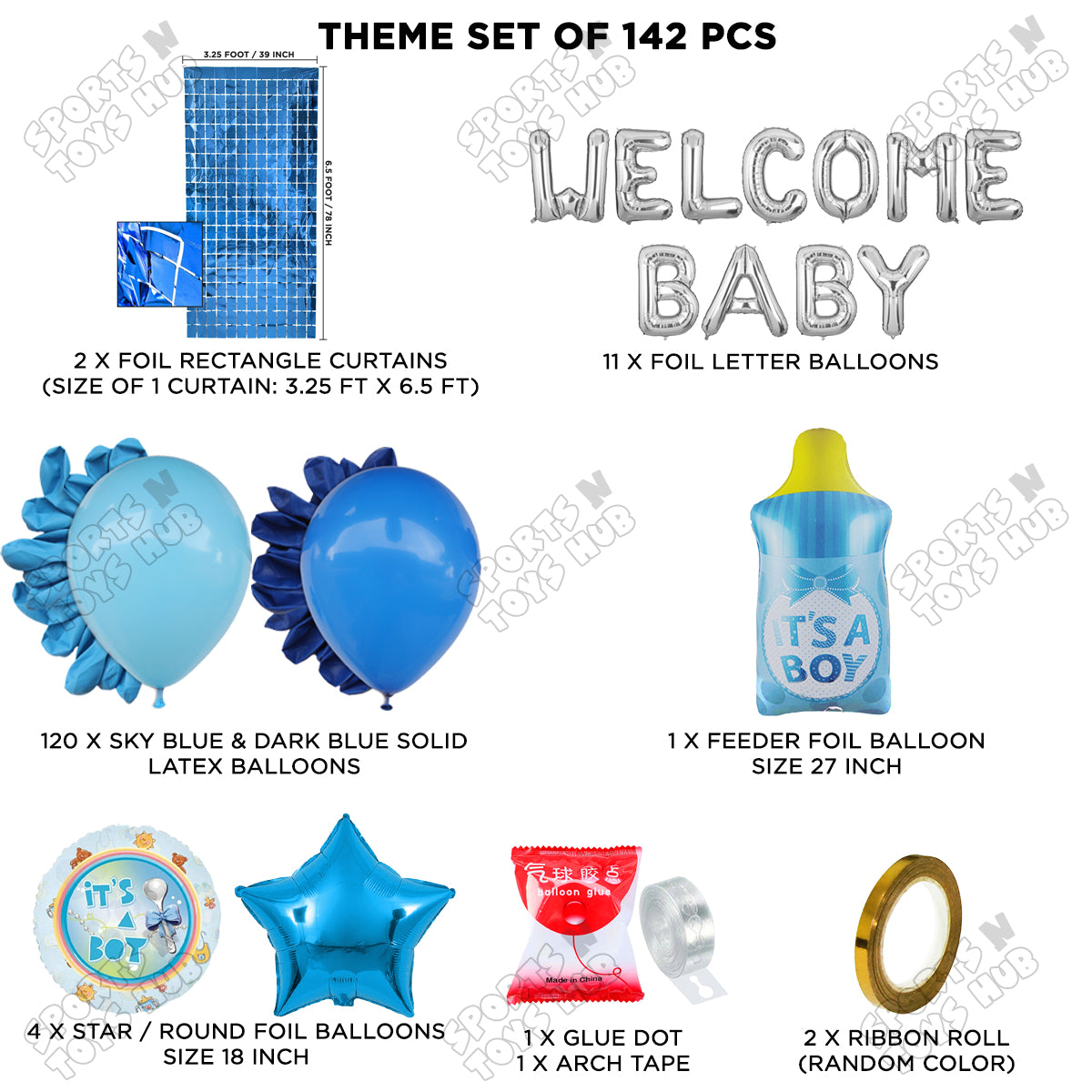 Baby Boy Feeder Foil Balloon Set With Welcome Baby Foil Letter Arch Theme - Pack Of 142