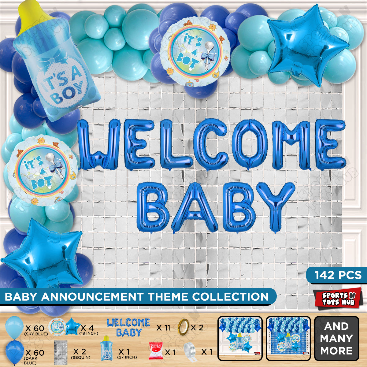 Baby Boy Feeder Foil Balloon Set With Welcome Baby Foil Letter Arch Theme - Pack Of 142