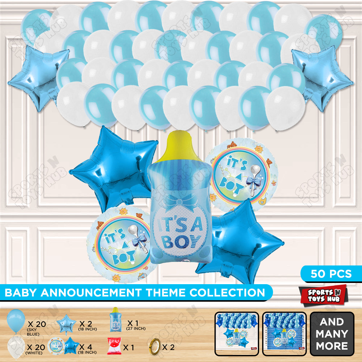 Baby Boy Feeder Foil Balloon Set With White & Blue Color Balloon Garland Theme