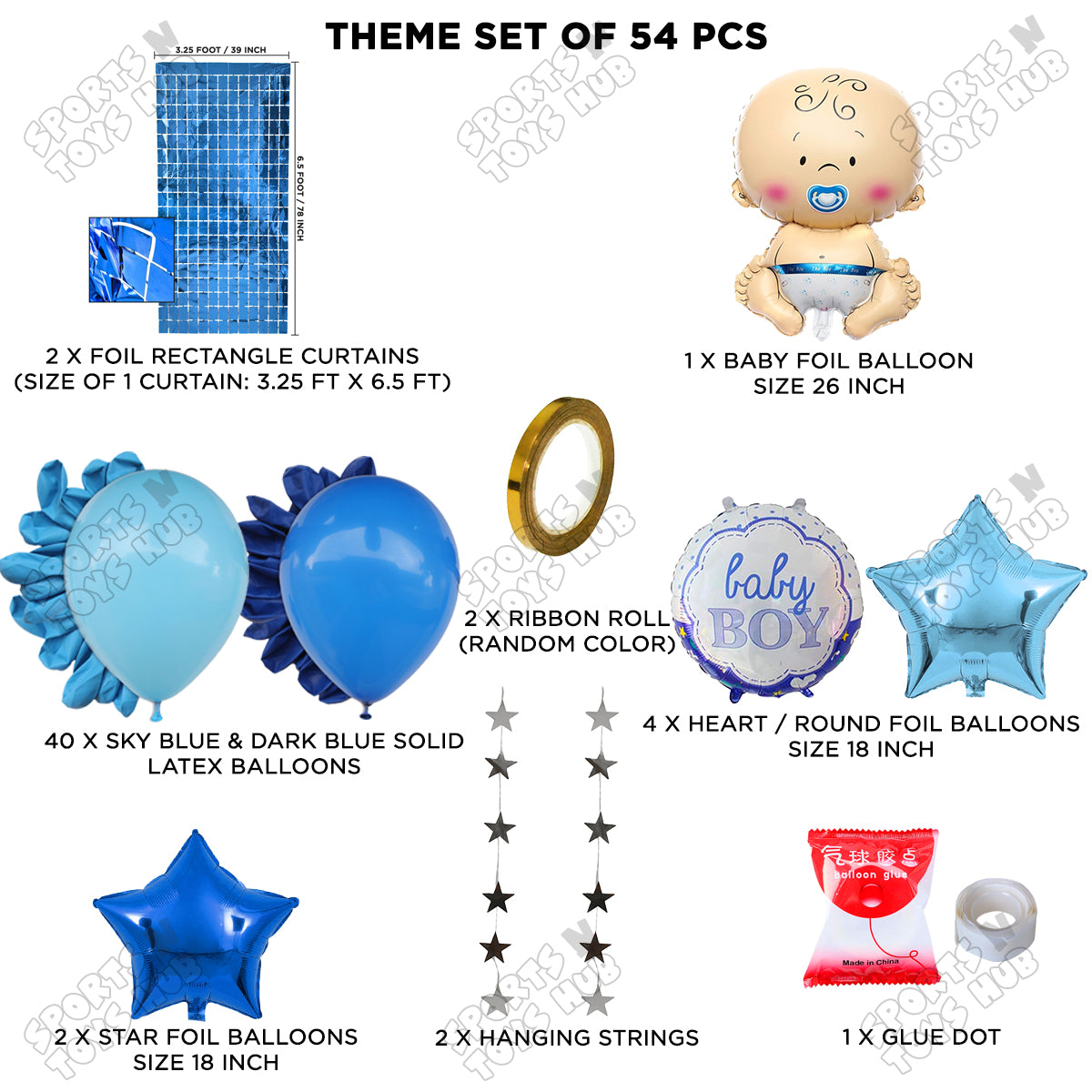 Baby Boy Foil Balloon Rectangle Curtain Theme - Pack Of 54