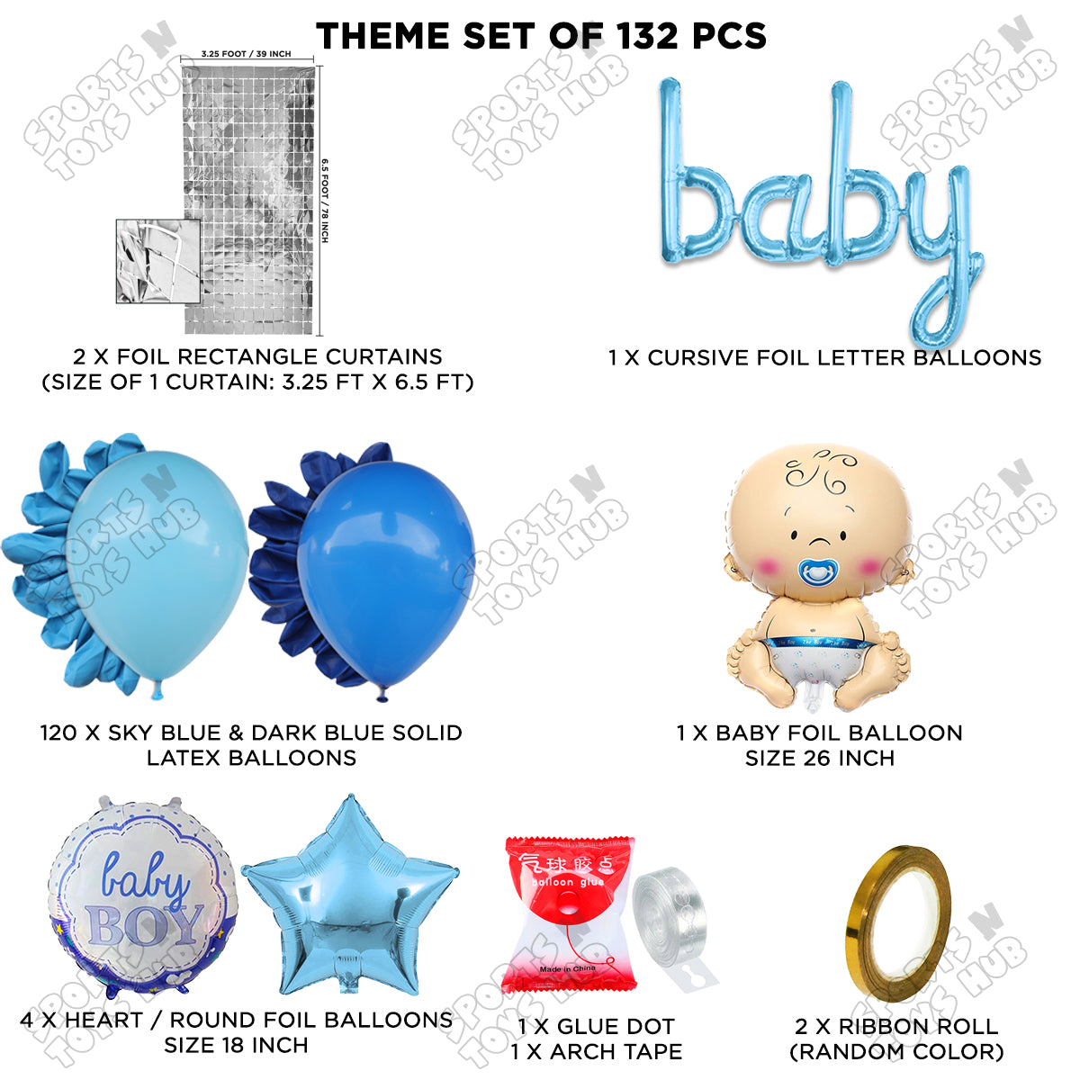 Baby Boy Foil Balloon With Baby Cursive Foil Letter Arch Theme - Pack Of 132