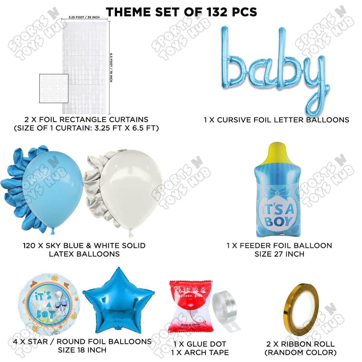 Feeder Foil Balloon With Baby Cursive Foil Letter White & Blue Color Arch Theme - Pack Of 132