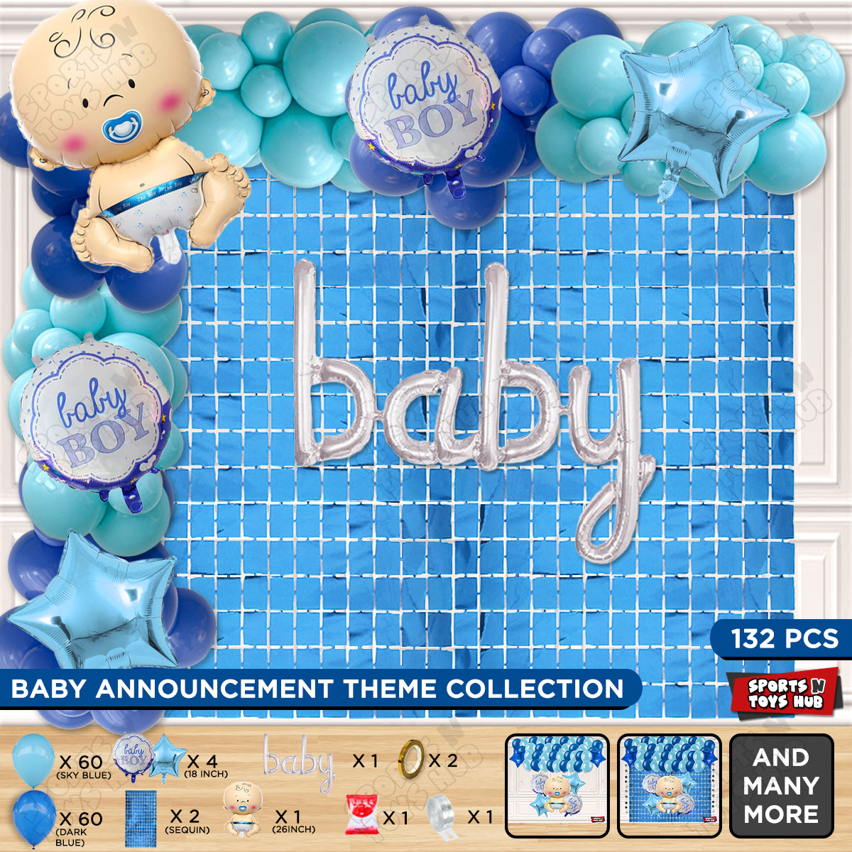 Baby Boy Foil Balloon With Baby Cursive Foil Letter Arch Theme - Pack Of 132