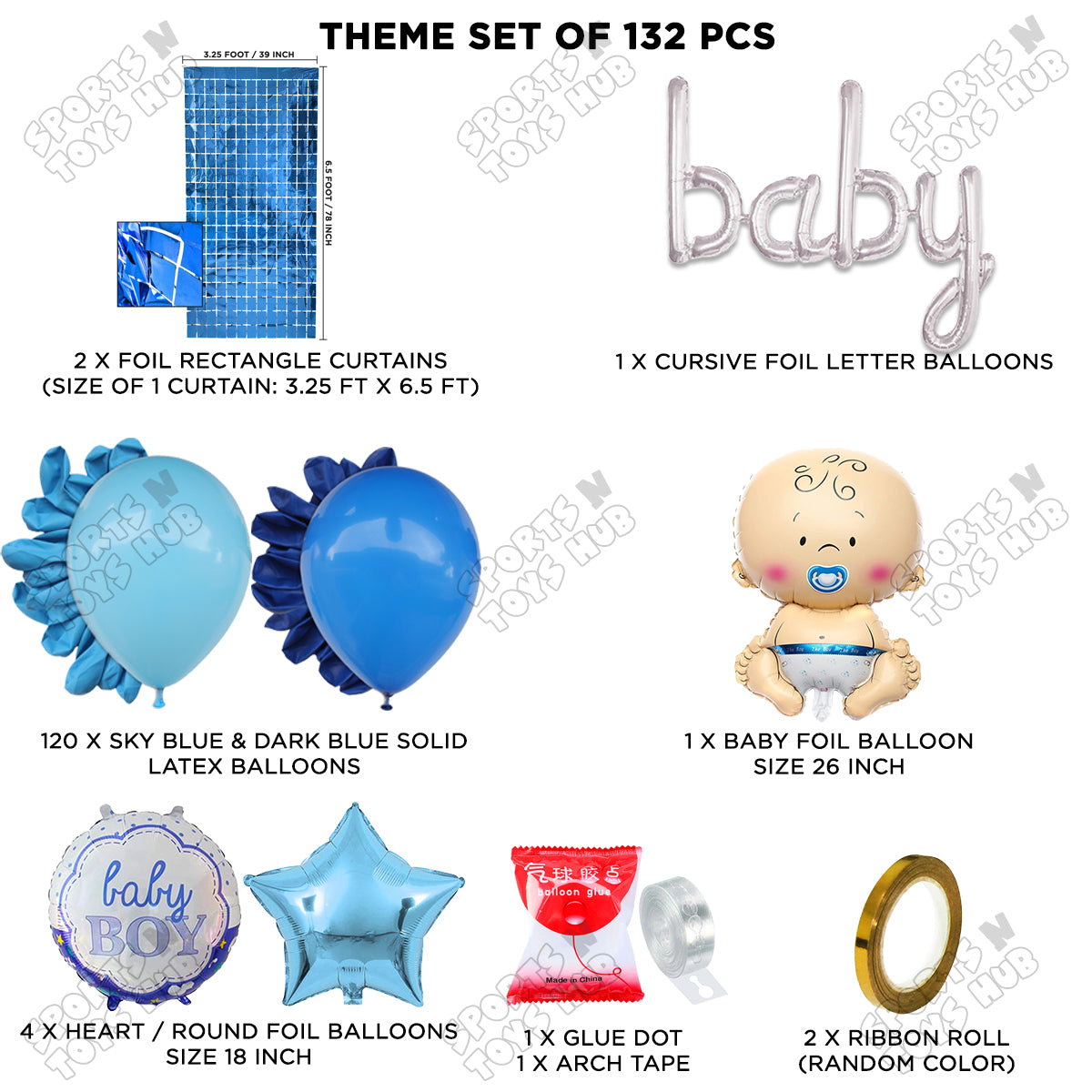 Baby Boy Foil Balloon With Baby Cursive Foil Letter Arch Theme - Pack Of 132