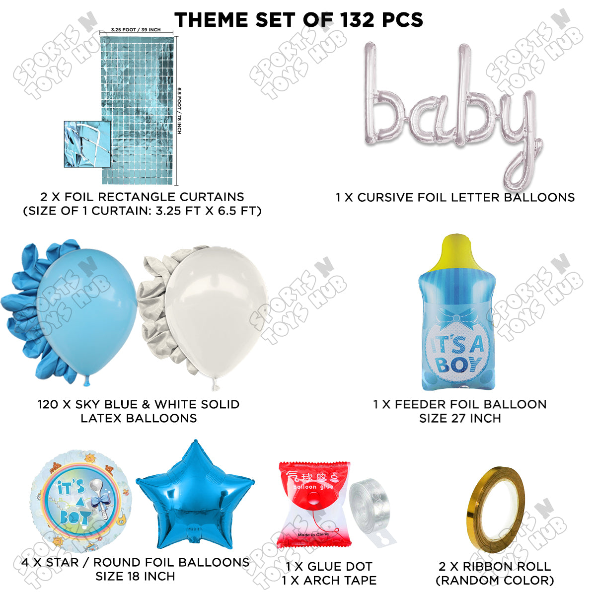 Feeder Foil Balloon With Baby Cursive Foil Letter White & Blue Color Arch Theme - Pack Of 132