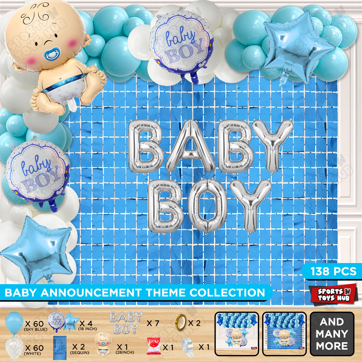 Baby Boy Foil Balloon Set With Baby Boy Foil Letter Blue & White Arch Theme - Pack Of 138