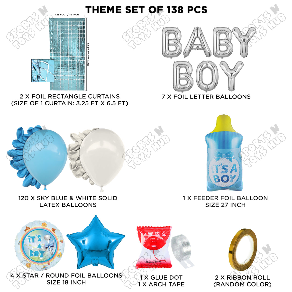 Feeder Foil Balloon With Baby Boy Foil Letter Blue & White Color Arch Theme - Pack Of 138