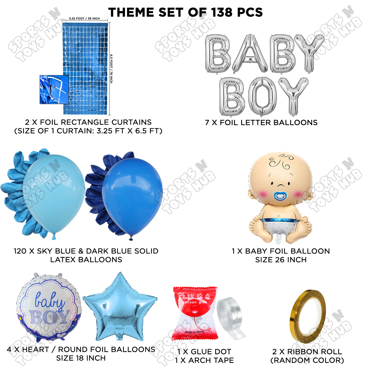 Baby Boy Foil Balloon Set With Baby Boy Foil Letter Blue & White Arch Theme - Pack Of 138