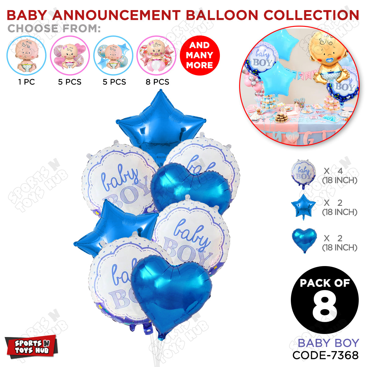 Baby Announcement Baby Boy Round Foil Balloon - Pack Of 8
