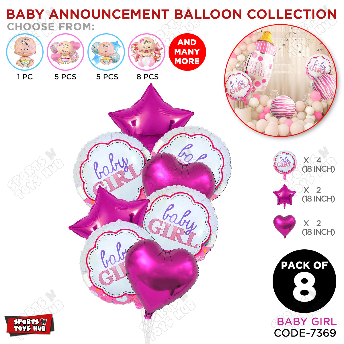 Baby Announcement Baby Girl Round Foil Balloon - Pack Of 8