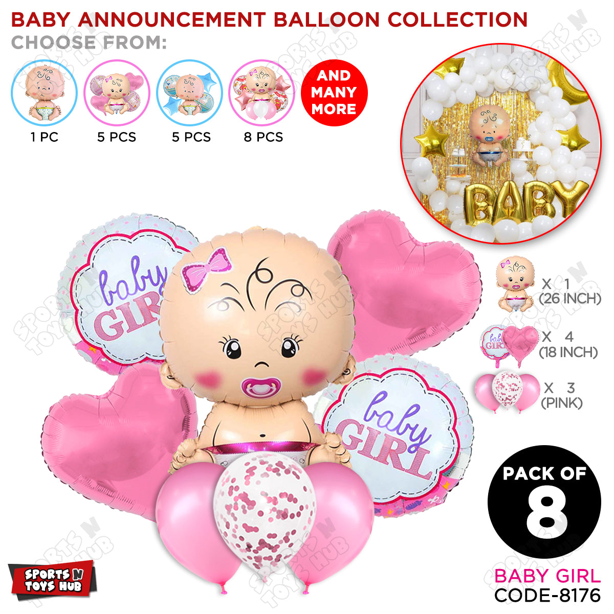Baby Girl Foil Balloon - Pack Of 8