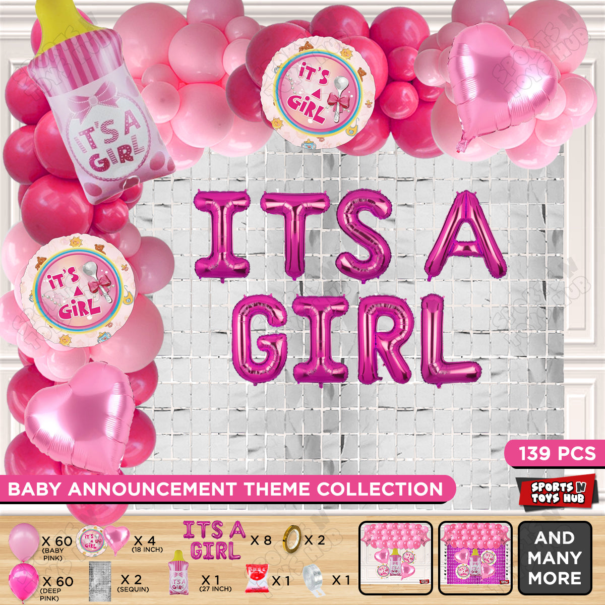Feeder Foil Balloon With Its A Girl Foil Letter Dark Pink & Pink Color Arch Theme - Pack Of 139