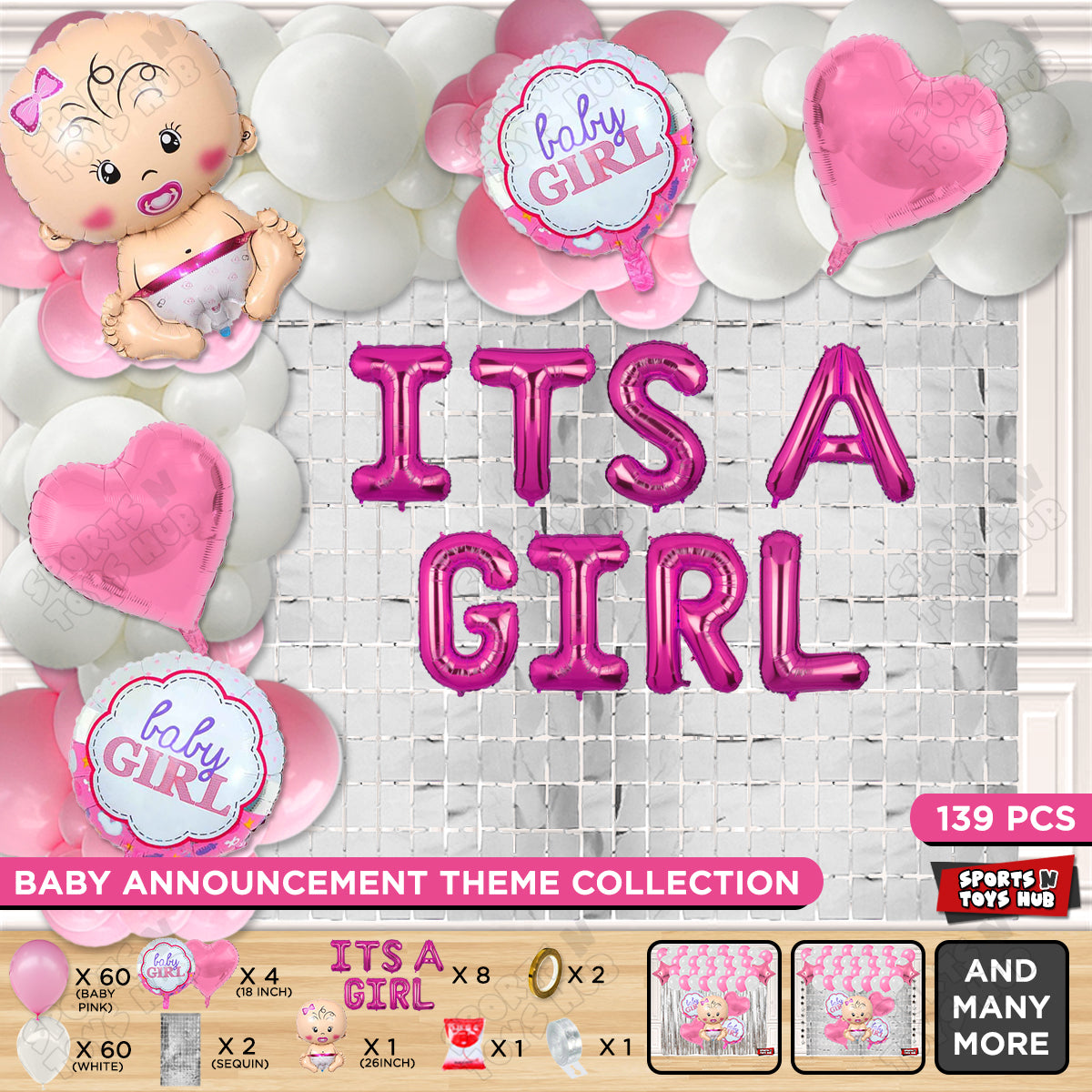 Baby Girl Foil Balloon Set With Its A Girl Foil Letter Pink & White Arch Theme - Pack Of 139
