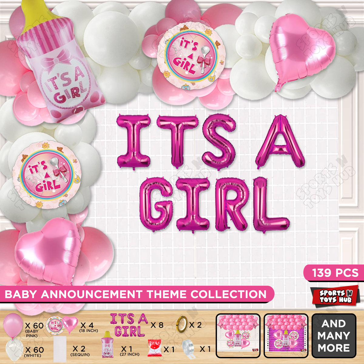 Feeder Foil Balloon With Its A Girl Foil Letter White & Pink Color Arch Theme - Pack Of 139