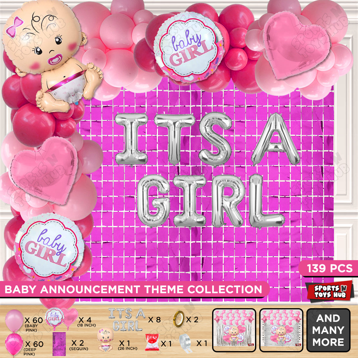 Baby Girl Foil Balloon Set With Its A Girl Foil Letter Arch Theme - Pack Of 139