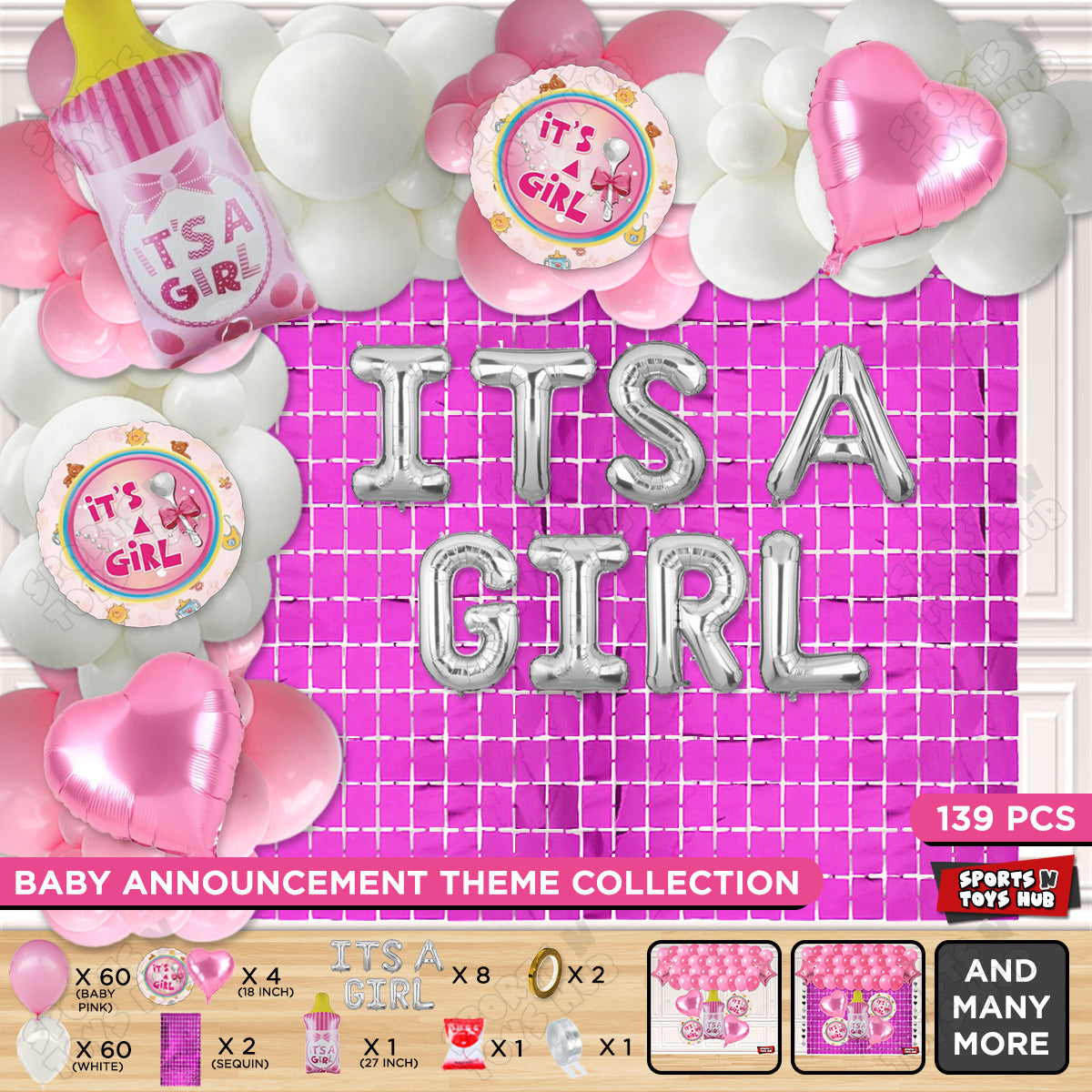 Feeder Foil Balloon With Its A Girl Foil Letter White & Pink Color Arch Theme - Pack Of 139