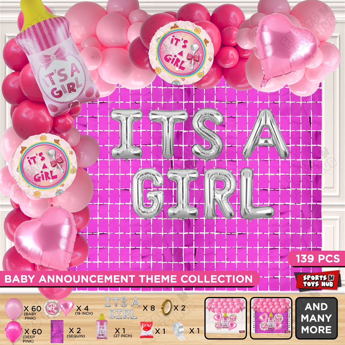 Feeder Foil Balloon With Its A Girl Foil Letter Dark Pink & Pink Color Arch Theme - Pack Of 139