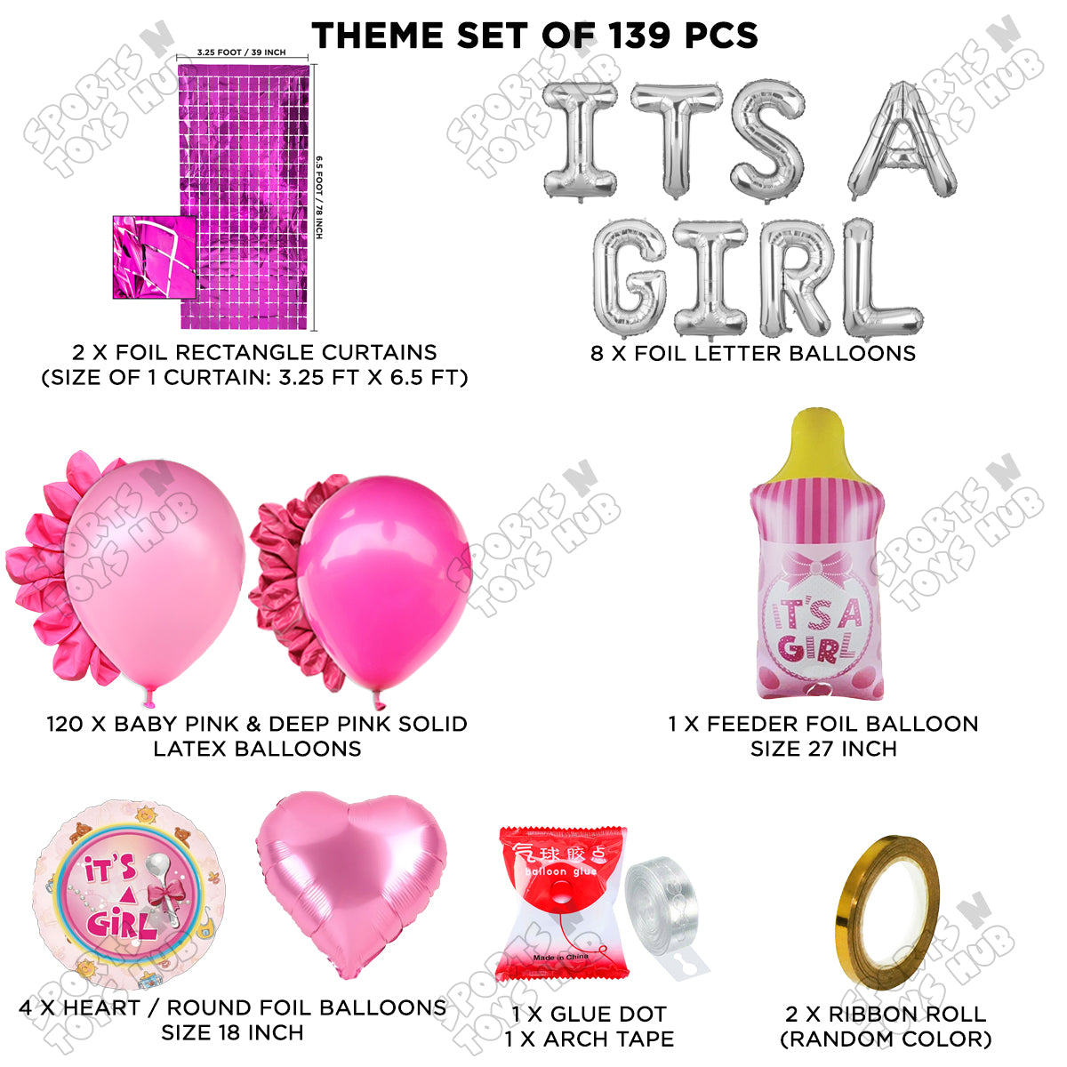 Feeder Foil Balloon With Its A Girl Foil Letter Dark Pink & Pink Color Arch Theme - Pack Of 139