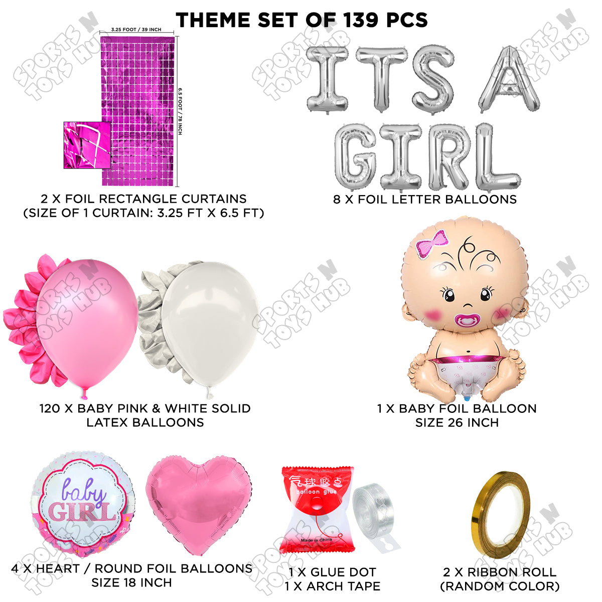 Baby Girl Foil Balloon Set With Its A Girl Foil Letter Pink & White Arch Theme - Pack Of 139