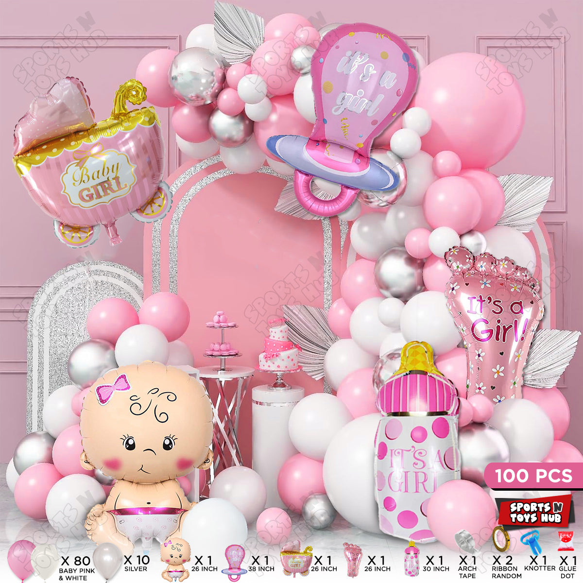 Baby Girl Character Foil Balloon Set Arch Theme Latex and Foil Balloon Kit- Pack Of 100 PCS